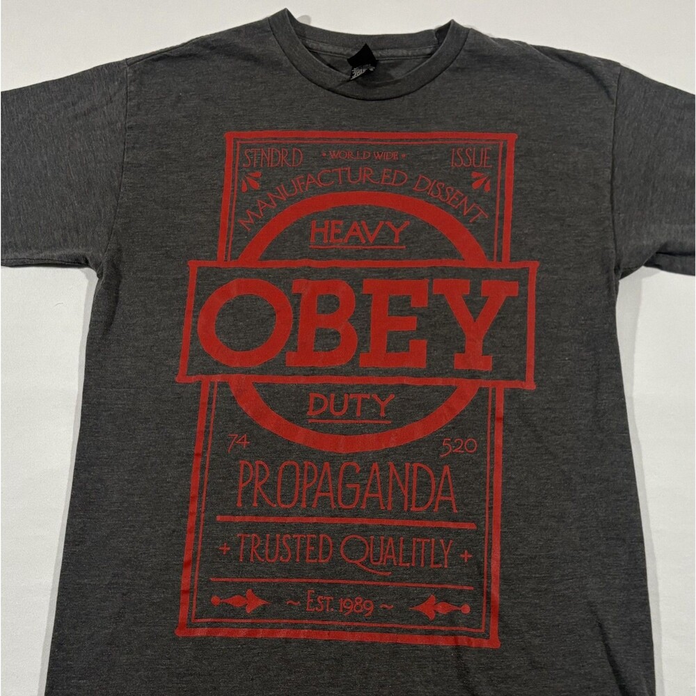 OBEY Heavy Duty Propaganda Trusted Quality Est. 1989 Gray Tee Print T Shirt Sz M - Picture 2 of 9